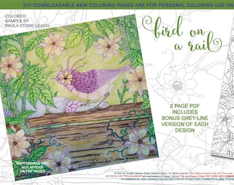 Bird on a Rail: downloadable 2-page PDF, coloring page, print, color, adult colouring, birds, flowers, wood railing, perched birdy