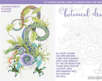 Botanical Dragon: downloadable printable PDF coloring page by Ruby Charm Colors, dragon, leaves, flowers, adult coloring, colouring page