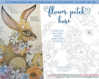 Flower Patch Hare: downloadable 2-page PDF, coloring page, print, color, adult colouring, rabbit, bunny, flowers, bee