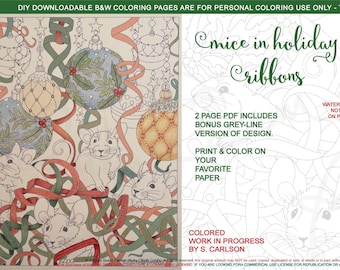 Mice in Holiday Ribbons: downloadable 2-page PDF, coloring page, print, color, adult colouring, animal, mouse, Christmas, bulbs, xmas