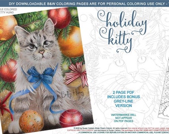 Holiday Kitty 2 page Downloadable, Printable Coloring PDF: cat, christmas tree, bulbs, presents, kitten