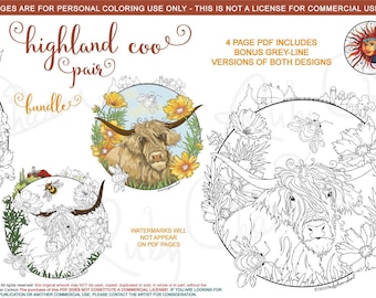 Highland Coo: downloadable PDF, 2 cow designs with bonus grey-line versions, 4 pages total, Scottish cows, farm, barns, flowers, birds
