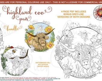 Highland Coo: downloadable PDF, 2 cow designs with bonus grey-line versions, 4 pages total, Scottish cows, farm, barns, flowers, birds