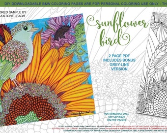 Sunflower Bird: downloadable 2-page PDF, coloring page, print, color, adult colouring, bird, birdy, flowers, sunflower, sun flowers