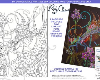 Insectimaginary Fleurig Grasshopper: downloadable PDF by Ruby Charm Colors to print & color, adult coloring page, bug, insect, nature