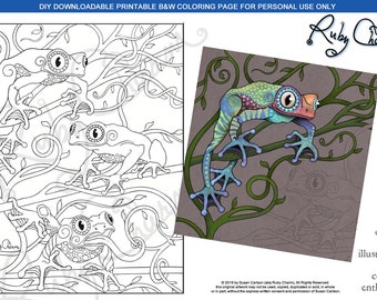 Three Frogs: downloadable printable PDF by Ruby Charm Colors - print and color, adult coloring page, frog, vines, tree frog