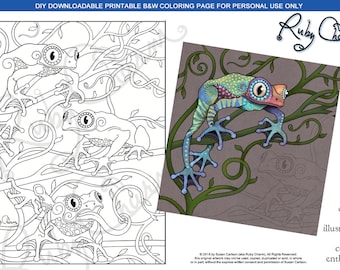 Three Frogs: downloadable printable PDF by Ruby Charm Colors - print and color, adult coloring page, frog, vines, tree frog