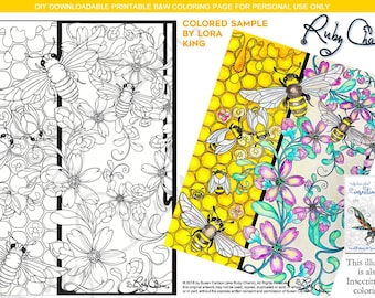 Insectimaginary, Honeycomb Honeybees: downloadable PDF by Ruby Charm Colors to print and color, adult coloring page, honey bee, insect