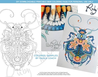 Insectimaginary, Behati Beetle: downloadable PDF by Ruby Charm Colors to print and color, adult coloring page, insect, bug