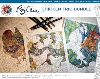 May include: A printable coloring book bundle featuring three black and white line art illustrations of chickens. The bundle includes seven pages of printable art, including three full-page designs and three grey-line versions of each design. The text "CHICKEN TRIO BUNDLE" is at the top of the image. The text "7 PAGE PDF INCLUDES B&W LINE ART OF ALL THREE DESIGNS PLUS BONUS GREY-LINE VERSIONS OF EACH ONE! WATERMARKS DO NOT APPEAR IN THE PDFS" is at the bottom of the image.