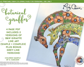 Botanical Giraffes: downloadable printable PDF for coloring, colouring page, giraffe, flowers, African wildlife, Africa ruby charm colors