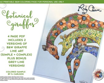 Botanical Giraffes: downloadable printable PDF for coloring, colouring page, giraffe, flowers, African wildlife, Africa ruby charm colors