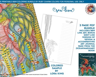 Oceanimaginary Sea Lion: downloadable PDF BUNDLE by Ruby Charm Colors, Print & color adult coloring page, ocean, sea life, nature, sealion