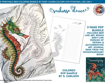 Oceanimaginary Seahorse Deuce: downloadable PDF BUNDLE by Ruby Charm Colors, Print & color adult coloring page, ocean, seaweed, sea horse