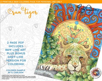 Sun Tiger: downloadable printable PDF for coloring, colouring page, tiger, sun, flowers, wildlife, cat, jungle, ruby charm colors