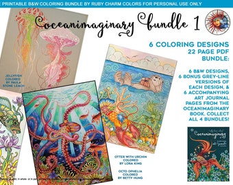 Oceanimaginary BUNDLE 1: 6 ocean theme adult coloring page, colouring, fish, otter, octopus, jellyfish, seahorse, downloadable printable PDF