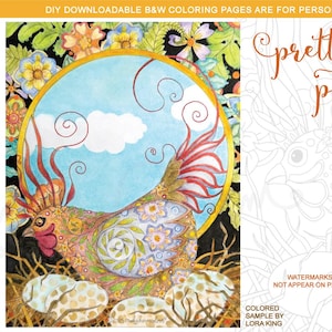 May include: A printable coloring page featuring a detailed illustration of a hen sitting on a nest of eggs. The hen is surrounded by flowers and leaves. The text "pretty poulet" is written in a decorative font at the top of the page. The text "HAND DRAWN HEN DESIGN BY THE ARTIST (NO AI)" is written below the hen. The text "3 VERSIONS OF DESIGN IN THIS 6 PAGE PDF" is written below the text "HAND DRAWN HEN DESIGN BY THE ARTIST (NO AI)". The text "ALSO INCLUDES BONUS GREY-LINE VERSION OF EACH DESIGN FOR THOSE WHO PREFER LIGHTER LINES" is written below the text "3 VERSIONS OF DESIGN IN THIS 6 PAGE PDF".