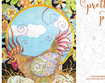 Pretty Poulet the Hen: downloadable 6-page PDF, printable, original art coloring page, adult colouring, chicken, eggs, hand drawn