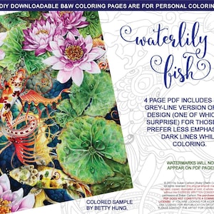 Waterlily Fish: downloadable printable 4-page PDF for coloring with a surprise design included, pond, water, lilypad, flowers, koi, aquatic