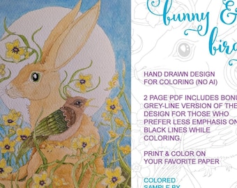 Bunny and Birdy: downloadable 2-page PDF, printable coloring page, print, color, adult colouring, bird, rabbit, hand-drawn art