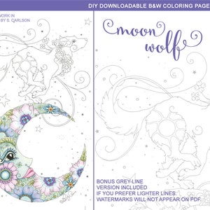 May include: A black and white coloring page featuring a wolf standing on a crescent moon. The moon is decorated with flowers and swirls. The text "moon wolf" is written at the top of the page.