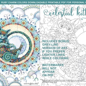May include: A black and white coloring page featuring a cat curled up in a circle, with a moon and stars in the background. The text "Celestial kitty" is at the top of the page. The page includes a bonus grey-line version of the art.