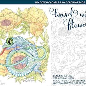May include: A coloring page featuring a detailed illustration of a lizard curled up among flowers. The lizard is green and blue with a red tongue. The flowers are yellow and white. The title "lizard with flowers" is written in cursive at the top of the page. The text "COLORED WORK IN PROGRESS BY S. CARLSON" is at the bottom left of the page.