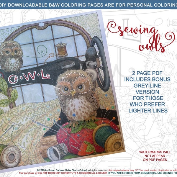 Sewing Owls: Downloadable, printable 2-page PDF for coloring, vintage sewing machine, pincushion, thread, thimble, birds, with bonus art