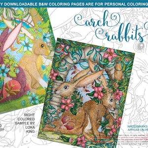 May include: A black and white coloring page featuring two rabbits sitting under an archway of flowers. The text "Carch Crabbits" is at the top of the page. The page is for personal use only.