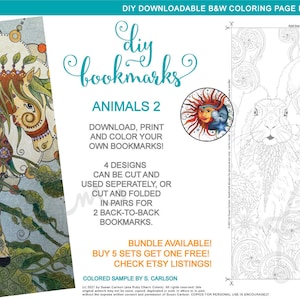 May include: Four black and white printable bookmark designs featuring animals. The designs include a horse, a raccoon, a deer, and a mermaid. The text "diy bookmarks ANIMALS 2" is at the top of the image. The text "DOWNLOAD, PRINT AND COLOR YOUR OWN BOOKMARKS!" is below the title. The text "4 DESIGNS CAN BE CUT AND USED SEPERATELY, OR CUT AND FOLDED IN PAIRS FOR 2 BACK-TO-BACK BOOKMARKS." is below the previous text. The text "BUNDLE AVAILABLE! BUY 5 SETS GET ONE FREE! CHECK ETSY LISTINGS!" is at the bottom of the image.