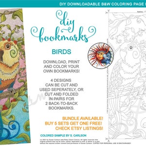 DIY Printable Bookmarks Birds: parrot, parakeet, love bird, budgies, downloadable PDF bookmark for coloring, adult colouring, coloring page