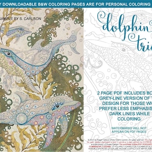 Dolphin Trio: Downloadable, printable 2-page PDF for coloring. Three dolphins, aquatic, ocean, sea life, bubbles, seaweed, kelp