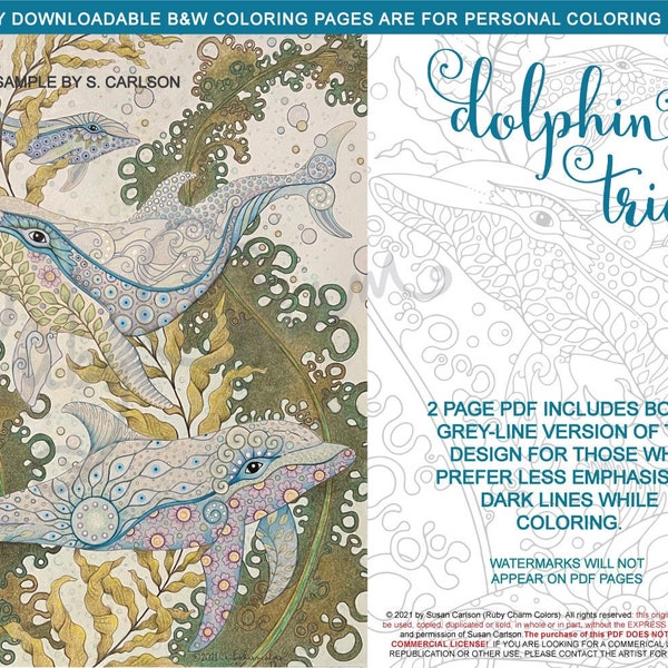 Dolphin Trio: Downloadable, printable 2-page PDF for coloring. Three dolphins, aquatic, ocean, sea life, bubbles, seaweed, kelp