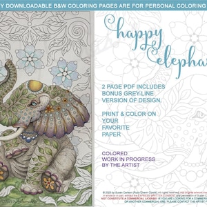 May include: A printable coloring page featuring a detailed illustration of a happy elephant surrounded by flowers and leaves. The text "happy elephant" is written in a decorative font at the top of the page. The page is designed for personal use only.