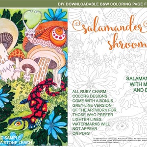 May include: A black and white coloring page featuring a salamander, snail, and mushrooms. The text "salamander shrooms" is at the top of the page. The text "SALAMANDER, SNAIL WITH MUSHROOMS AND BLOODROOT" is in the lower right corner of the page.