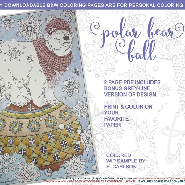 Polar Bear Ball: downloadable 2-page PDF, coloring page, print, color, adult colouring, animal, winter, snowflakes, arctic, christmas