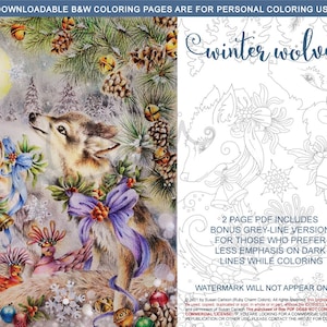 Peut inclure: Une page à colorier en noir et blanc représentant trois loups portant des nœuds festifs et entourés de flocons de neige. Le texte "winter wolves" est en haut de la page. La page comprend une version bonus en gris pour ceux qui préfèrent moins d'accent sur les lignes foncées lors de la coloration. Le filigrane "Watermark will not appear on PDF" est en bas de la page.
