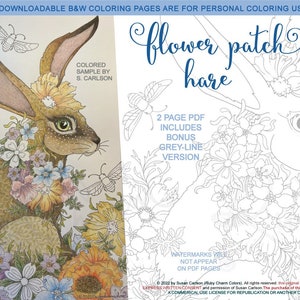 Może przedstawiać: Drukowalna strona do kolorowania przedstawiająca szczegółową ilustrację zająca otoczonego kwiatami. Zając nosi wianek z kwiatów i ma słodki wyraz twarzy. Tekst "flower patch hare" jest napisany nad obrazkiem. Tekst "2 page PDF includes bonus grey-line version" jest napisany pod obrazkiem.