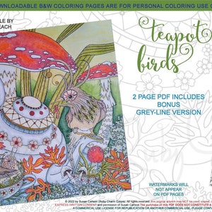 以下が含まれることがあります： 「Teapot Birds」をテーマにした2つの塗り絵ページのデジタルダウンロード。1つは、ティーポットと鳥がキノコの下にいる、気まぐれなデザインのカラーサンプルです。もう1つは、色付け用のグレーラインバージョンです。