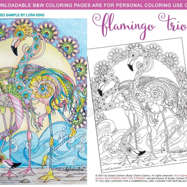 Flamingo Trio: downloadable PDF coloring page, Ruby Charm Colors, print adult colouring page, flamingos, birds, sea, waves, floral, tropical