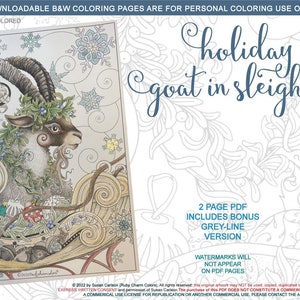 Może przedstawiać: Czarno-biała strona do kolorowania przedstawiająca kozę ciągnącą sanie przez śnieżny las. Tekst "holiday goat in sleigh" jest napisany ozdobnym fontem nad obrazkiem. Obrazek zawiera dodatkową wersję w odcieniach szarości.