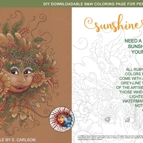 Sunshine downloadable printable PDF coloring page by Ruby Charm Colors: sun, sunny, leaves, flowers, adult coloring, colouring page