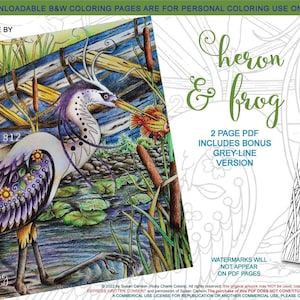 May include: A colouring page featuring a heron and frog in a swamp setting. The heron is standing in a boat with its head turned to the side. The frog is sitting on a lily pad. The colouring page is in black and white and includes a bonus grey-line version. The text "Heron & Frog" is written in a decorative font at the top of the page.