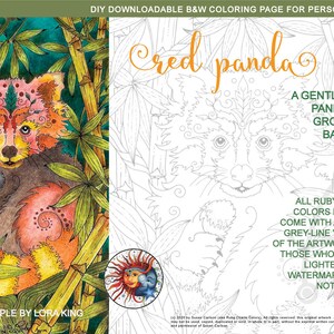 May include: A coloring page featuring a red panda sitting in a grove of bamboo. The image is in black and white, with the text "Cred panda" at the top. The text "A gentle red panda in a grove of bamboo" is below the image. The text "All Ruby Charm Colors Designs come with a bonus grey-line version of the artwork for those who prefer lighter lines. Watermarks will not appear on POFs" is in the bottom right corner.