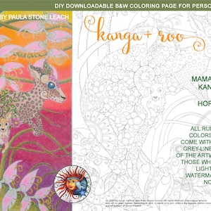 Puede incluir: Una página para colorear en blanco y negro con una madre canguro y su cría. La imagen está llena de detalles intrincados y patrones. El texto "kanga + roo" está escrito en una fuente caprichosa en la parte superior de la página. El texto "MAMA + BABY KANGAROO = PURE HOPPINESS" está escrito debajo de la imagen. El texto "ALL RUBY CHARM COLORS DESIGNS COME WITH A BONUS GREY-LINE VERSION OF THE ARTWORK FOR THOSE WHO PREFER LIGHTER LINES. WATERMARKS WILL NOT APPEAR ON PDFS" está escrito en la parte inferior de la página.