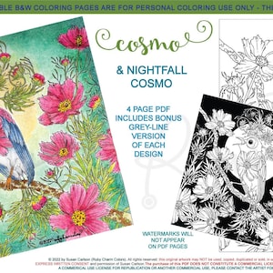 Könnte beinhalten: Eine digitale Malvorlage mit einem blauen Vogel, der auf einem Ast sitzt, umgeben von rosa Kosmosblumen. Der Titel "Cosmo & Nightfall Cosmo" wird über dem Bild angezeigt. Der Text "4 Page PDF Includes Bonus Grey-Line Version of Each Design" ist ebenfalls enthalten. Wasserzeichen werden nicht auf PDF-Seiten angezeigt.