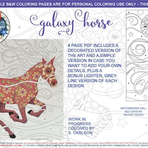 Galaxy Horse: downloadable, printable 4-page PDF, coloring page, print, color, adult colouring, pony, moon