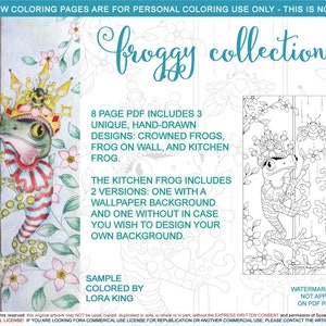 Puede incluir: Páginas para colorear en blanco y negro con tres diseños de ranas: dos ranas con coronas, una rana en una pared y una rana de cocina. El diseño de la rana de cocina está disponible en dos versiones: una con un fondo de papel tapiz y otra sin. El texto "froggy collection" está en la parte superior de la página.