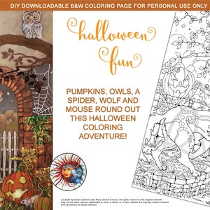 Puede incluir: Una página para colorear en blanco y negro con un lobo, un ratón, búhos, calabazas y una araña. El texto "halloween fun" está escrito en una fuente caprichosa. El texto "PUMPKINS, OWLS, A SPIDER, WOLF AND MOUSE ROUND OUT THIS HALLOWEEN COLORING ADVENTURE!" está escrito debajo de la imagen.