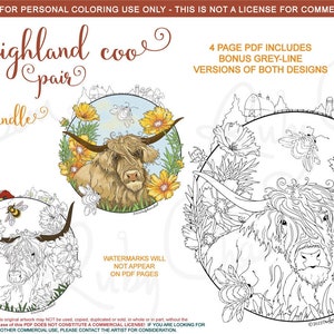 Highland Coo: downloadable PDF, 2 cow designs with bonus grey-line versions, 4 pages total, Scottish cows, farm, barns, flowers, birds image 1